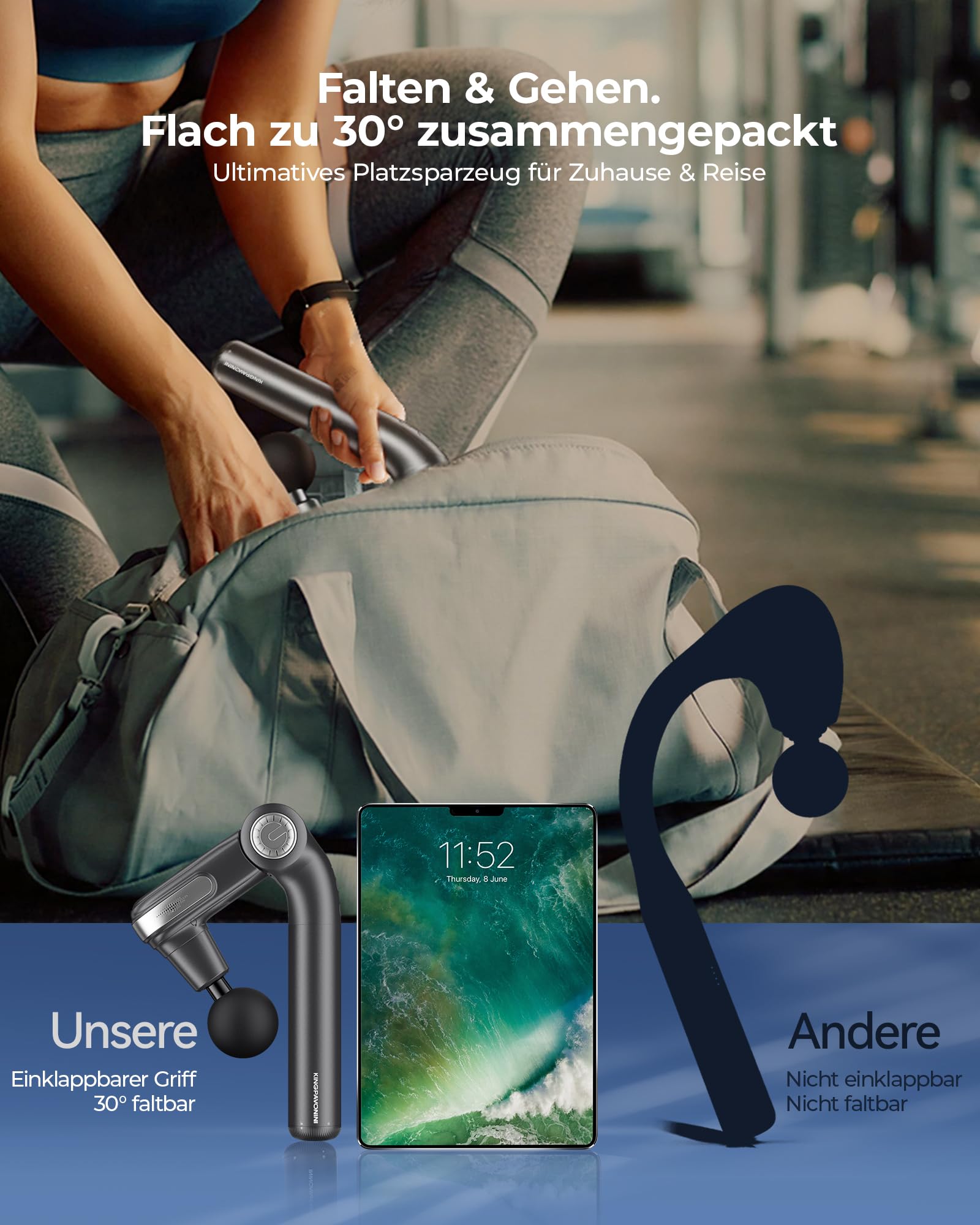 KingPavonini Massagepistole mit Ausziehbarem Griff & Klappbarem Kopf, Massage Gun Massagegerät Rücken mit 3 Verstellbaren Winkeln & 4 Massageköpfen, Massage Pistole Geschenk für Männer und Frauen