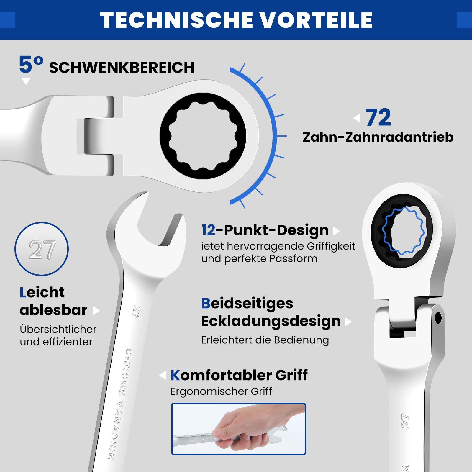 WALTER STAHL 22-tlg. Ratschenschlüsselset, flexible Ringmaulschlüssel | 6–32 mm mit Flexkopf und Ratsche, 72 Zähne, Cr-V-Stahl, für Auto- und Industriewartung