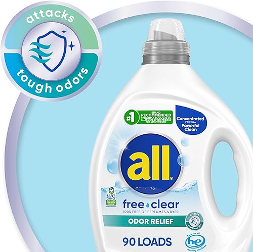 Miniatura 4 de all Detergente líquido para ropa, libre transparente para pieles sensibles, alivio de olores, sin perfume e hipoalergénico, concentrado 2 veces, 90