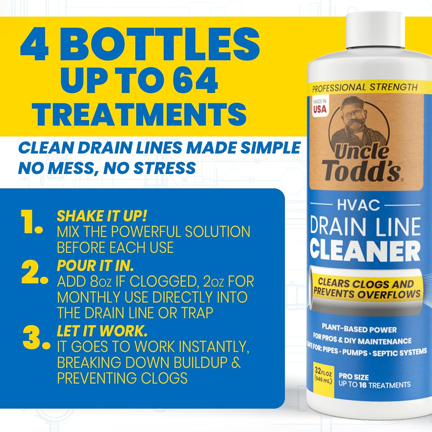 Uncle Todd's HVAC Drain Line Cleaner – 4pk of 32oz Bottles: Bleach-Free, Fast-Acting, Long-Lasting AC Drain Line Solution for Tough Clogs & Buildup