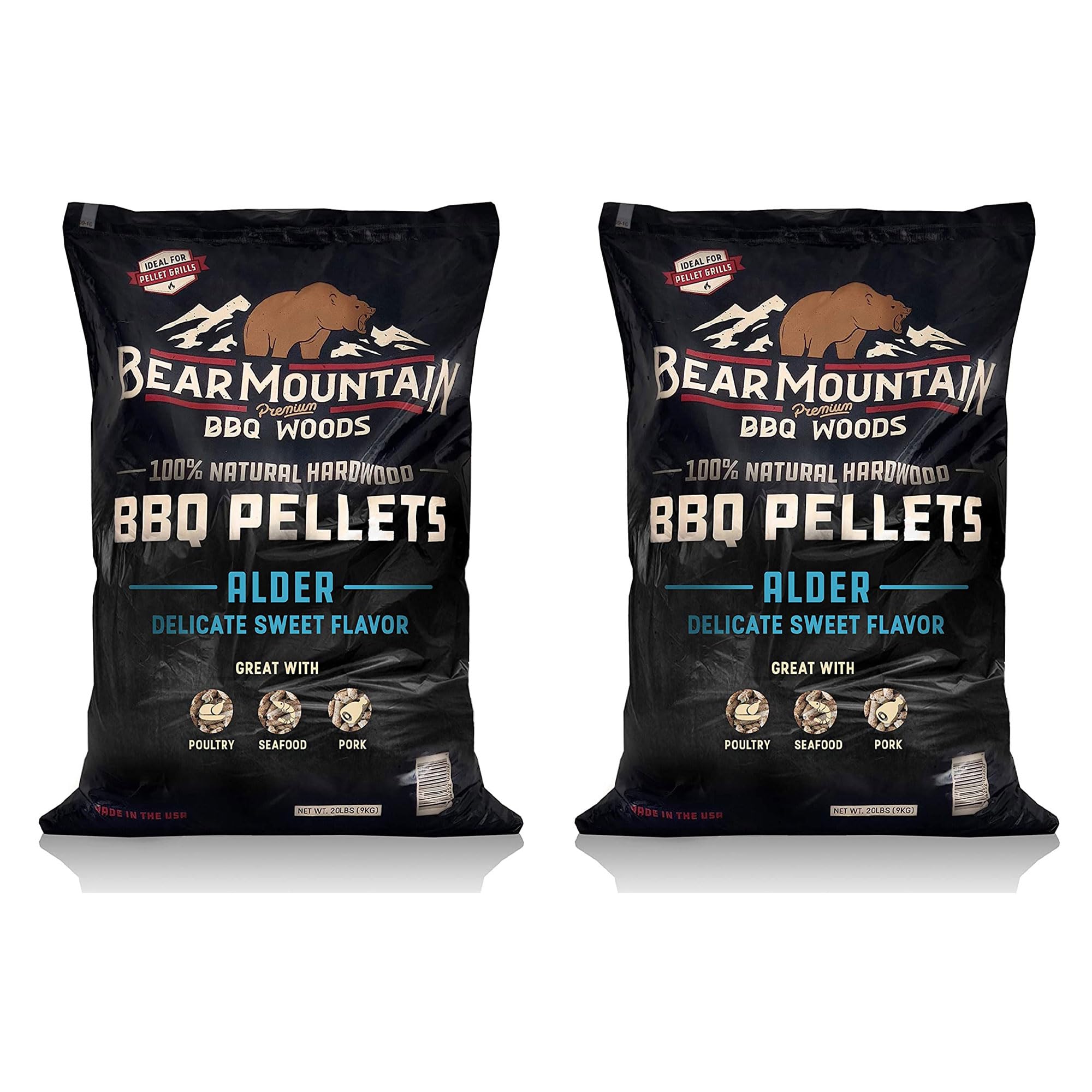 Bear Mountain Premium BBQ Woods All Natural Hardwood Pellets, Alder Wood 20 Pound Bag, Ideal for Pellet Smokers, Smoky Wood Fired Flavor (2 Pack)