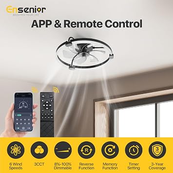Ensenior Ceiling Fans with Lights and Remote, 50cm Flush Mount, 6 Speed & 3000K-6500K Stepless Dimmable Quiet Modern LED Fan Lights Ceiling for Bedroom Living Room Dining Room - Black [Energy Class E]