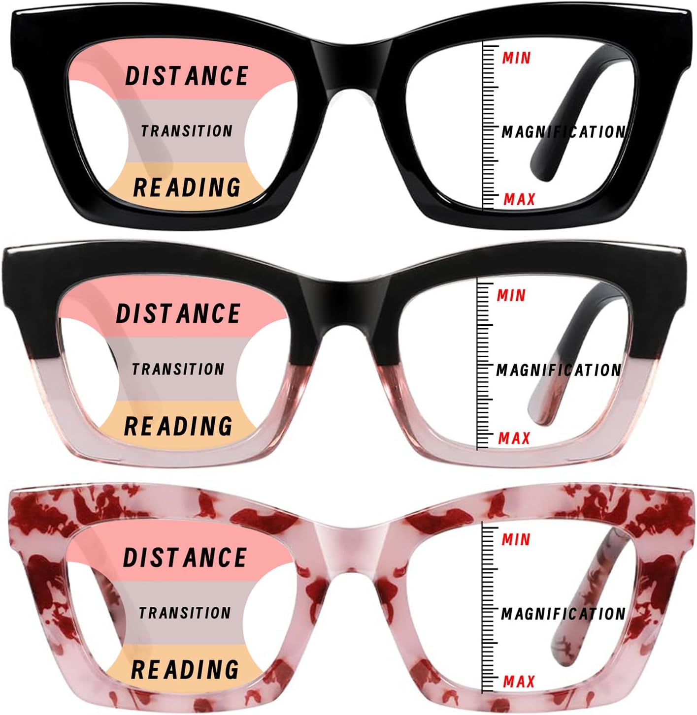 Hubeye Progressive Reading Glasses For Women Oprah Style Blue Light Blocking Computer Multifocus Square Reader