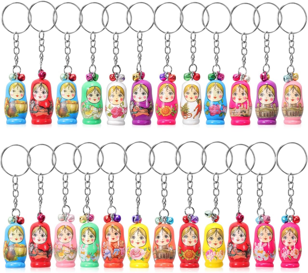 SHOWERORO 24 Pcs Matryoshka Keychain Russian Dolls Key Rings Russian Nesting Dolls Keychains Backpack Key Pendant Keychains for Car Keys Funny Keychain Cartoon Wooden Little Child