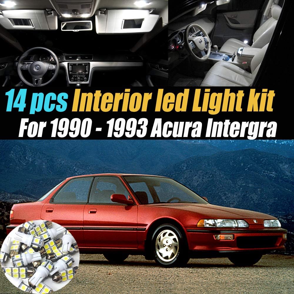 14Pc Super White 6000k Car Interior LED Light Bulb Kit Pack Compatible with 1990-1993 Acura Intergra
