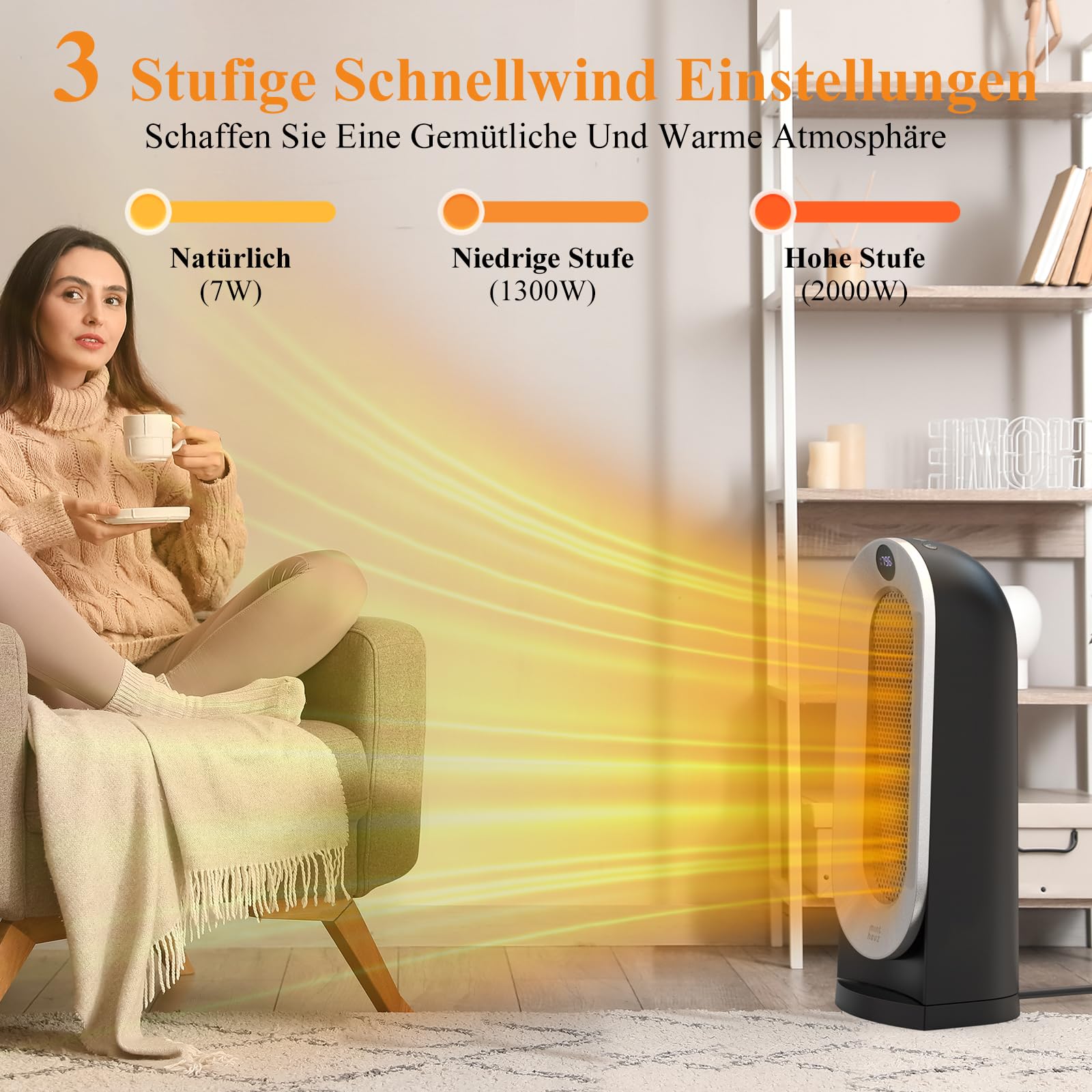 Minthouz Heizlüfter Energiesparend, 2000W PTC Keramik Heizlüfter mit 3 Heizstufen, ECO Modus, 70° Oszillation, Fernbedienung, 12H Timer, Kipp und Überhitzungsschutz,Elektroheizung für den Innenbereich
