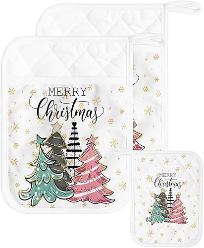 Miniatura 8 de Juego de 5 agarraderas de tela de toalla antideslizantes y aislantes de calor con bolsillo, guantes de horno gruesos para horno, posavasos para