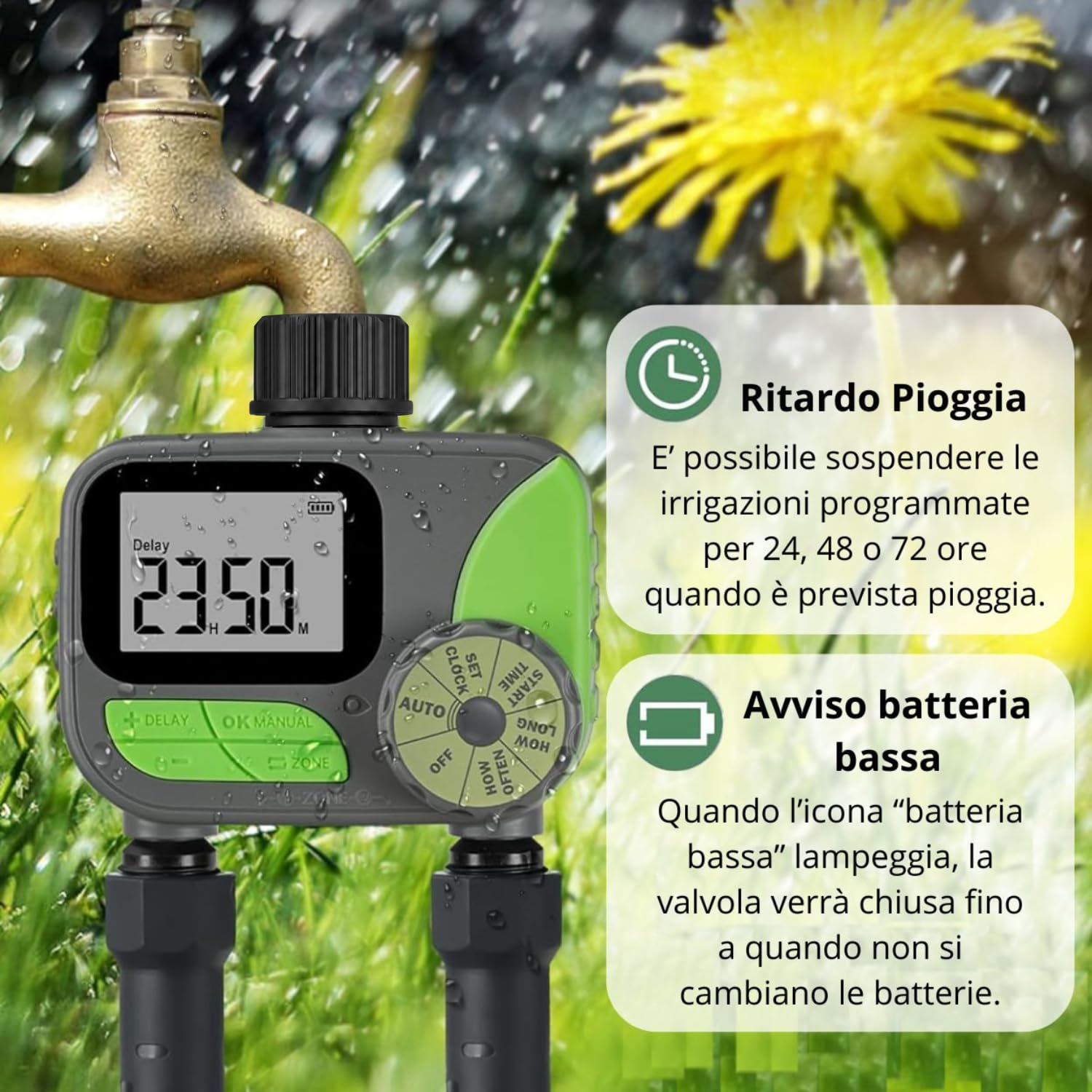domyno Timer Irrigazione 2 Uscite Centralina Programmatore 2 Vie Temporizzatore irrigatore, funzione Pioggia, modalità Automatica e Manuale (2 vie (2 uscite))