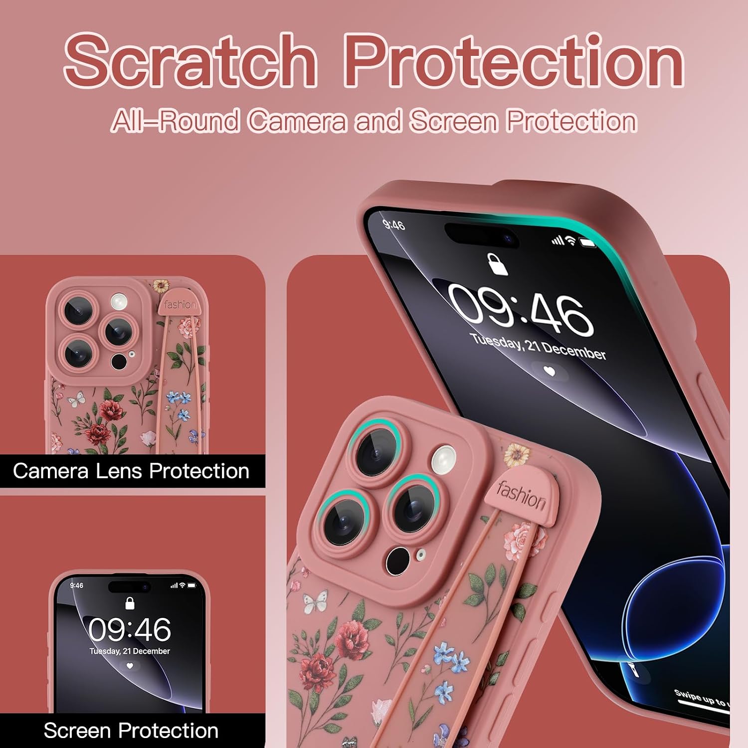 for iPhone 16 Pro Case with Wrist Strap, Pink Flower image 2