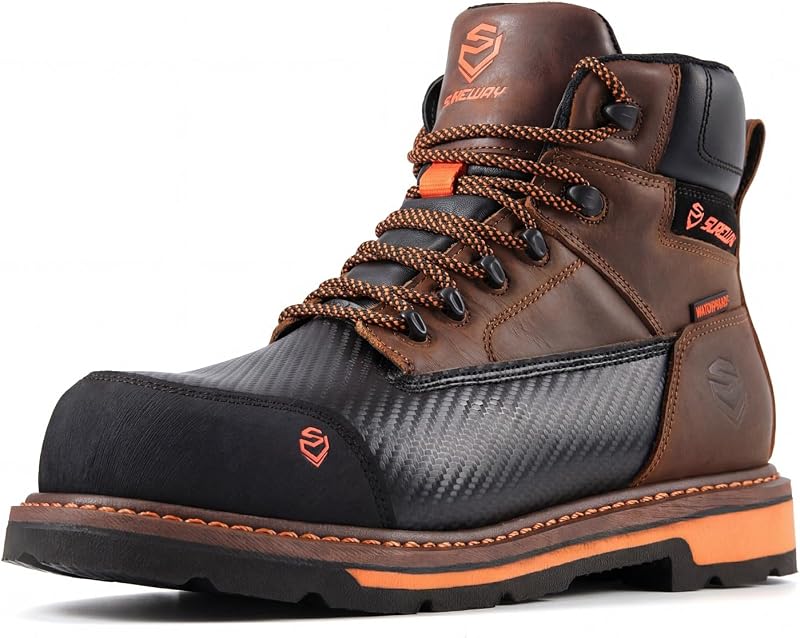 6in Waterproof Work Boots for Men, Leather, Soft/Composite Toe | Waterproof leather work boots with Goodyearwelt construction,EH protection,oil and slip-resistant outsole