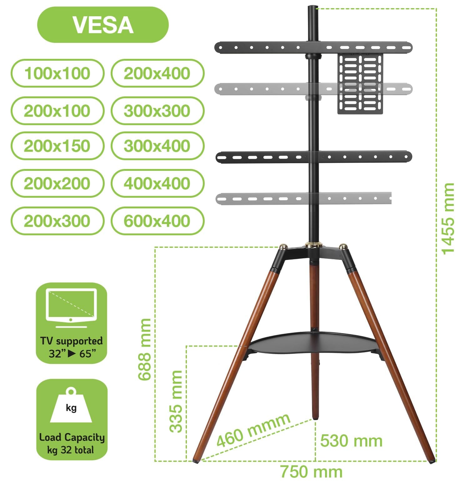 Techly 368239 Supporto a Pavimento Cavalletto Tripod per TV LCD/LED/Plasma 32-65" con Mensola Noce Scuro