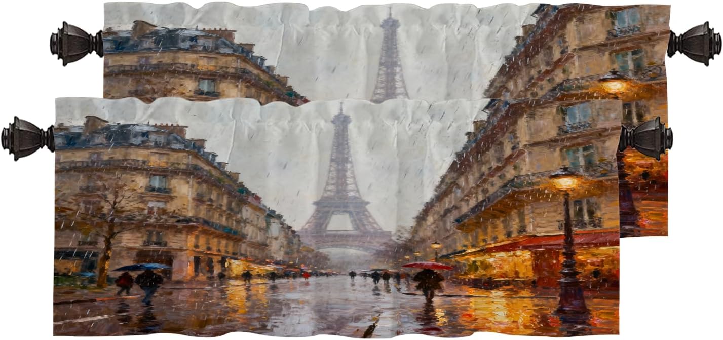 Pink Black Europe Oil Painting Kitchen Valances for Windows,Gray Modern Eiffel Tower Blackout Valances Curtains Multilayer Polyester Drapes for Kitchen Bedroom 2 Pack 52X16 Inches