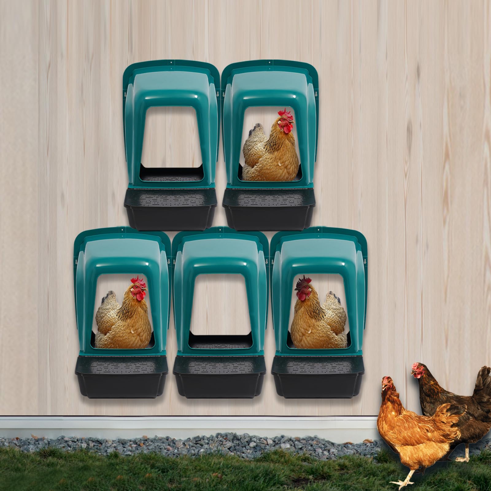 Juego de 5 cajas nido para pollos, de plástico, para pájaros, exteriores, resistente a la intemperie, con cámara, con función de recolección de huevos, 46,6 x 39 x 41,5 cm