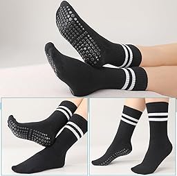 Yoga Grip Socks Women, Non Slip Pilates Socks Grippy Socks Ladies Mid-Calf Grip Socks Breathable Cotton Socks for Ballet, Dance, Workout, Fitness, Running 38-42 black 6