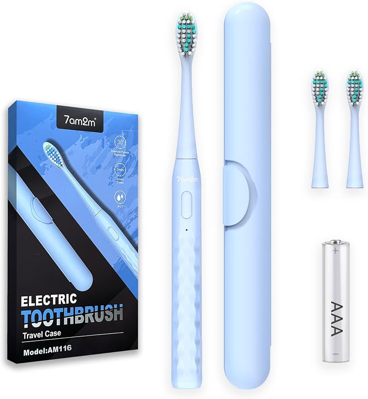 7AM2M Sonic Travel Electric Toothbrush for Adults & Kids, Travel Case&2 Brush Heads, Battery Powered Sonic Toothbrush, Compact Design for Daily/Travel Use-Blue
