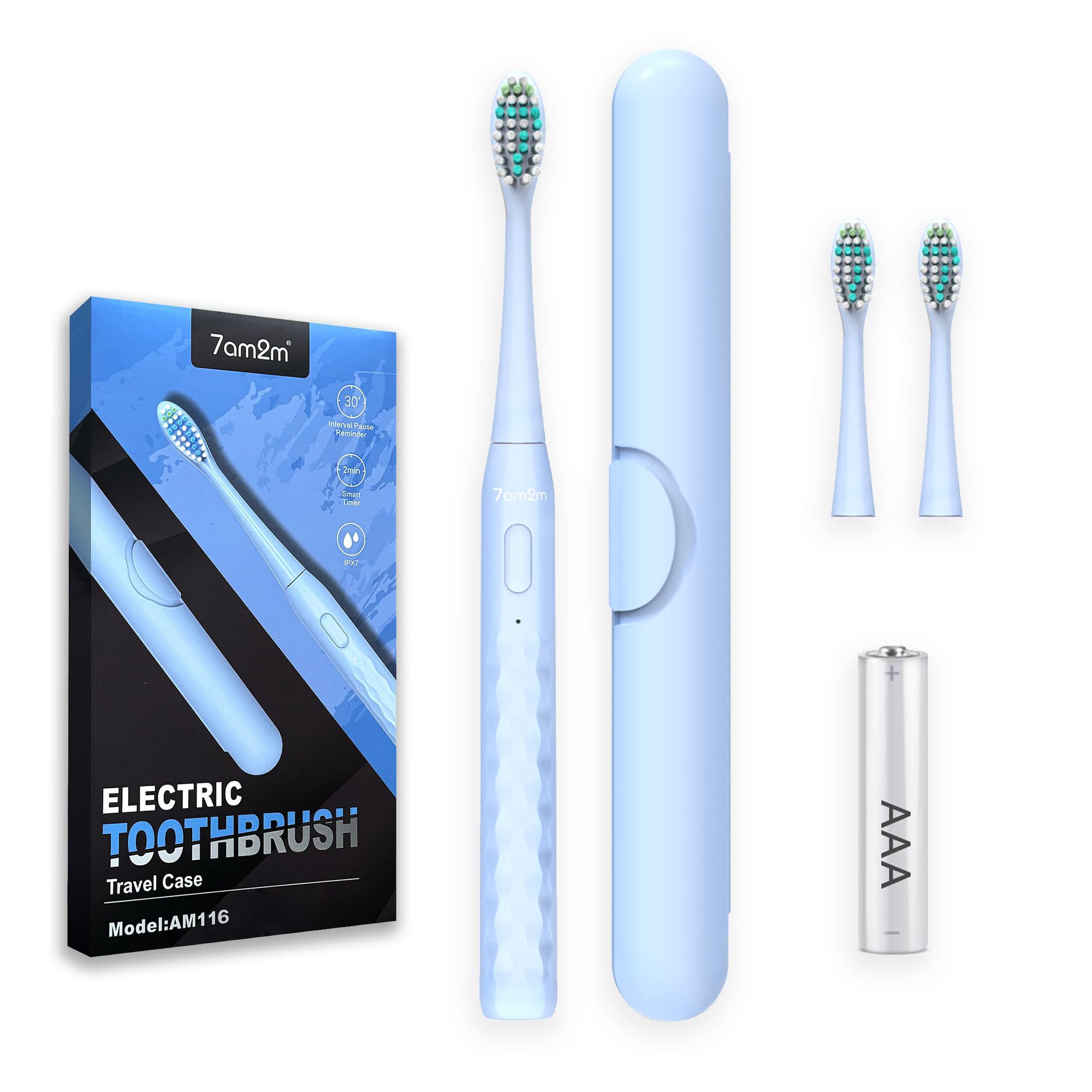 7AM2M Sonic Travel Electric Toothbrush for Adults &amp; Kids, Travel Case&amp;2 Brush Heads, Battery Powered Sonic Toothbrush, Compact Design for Daily/Travel Use-Blue