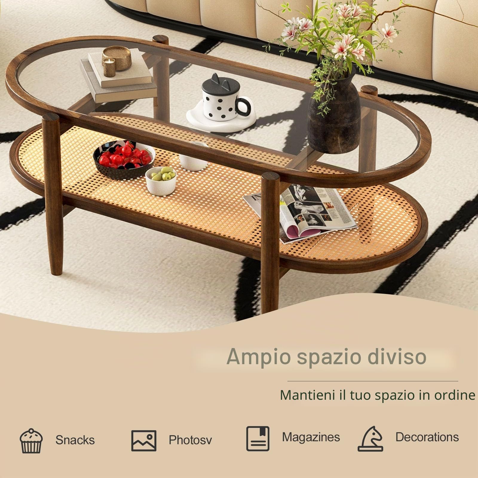 LIFEZEAL Tavolino Salotto, in Legno Massello e Vetro, Tavolino da Caffè, da Soggiorno, Moderno, Basso, Ovale, a 2 Ripiani, con Decorazione in Rattan, Max 90 kg, 102x46x47 cm, Marrone Rustico