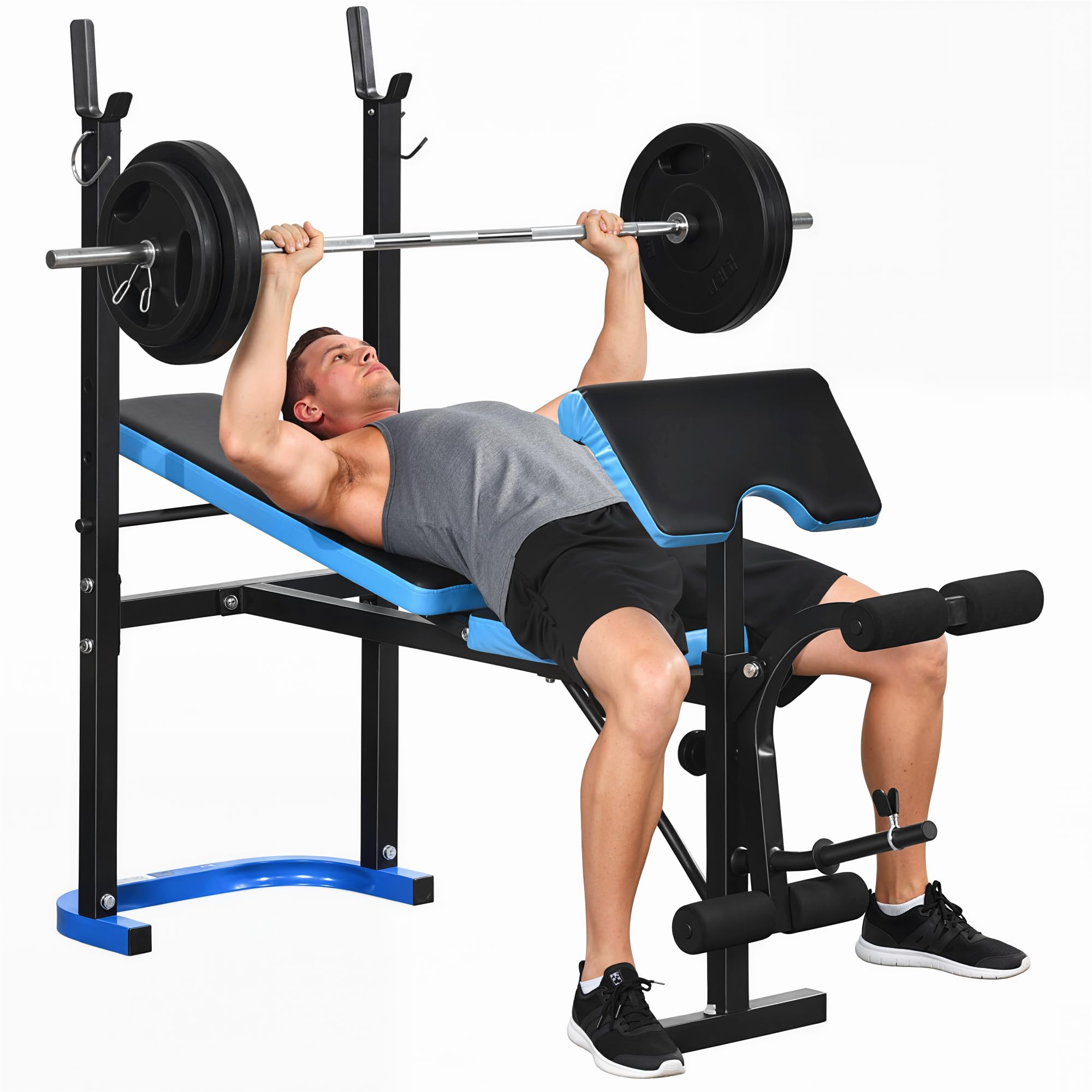 HOMCOM Banco de Musculación Multifuncional Banco de Pesas Negro y Azul | Soporte para Barra, Respaldo Ajustable, Entrenamiento Completos de Cuerpo, Casa Gimnasio