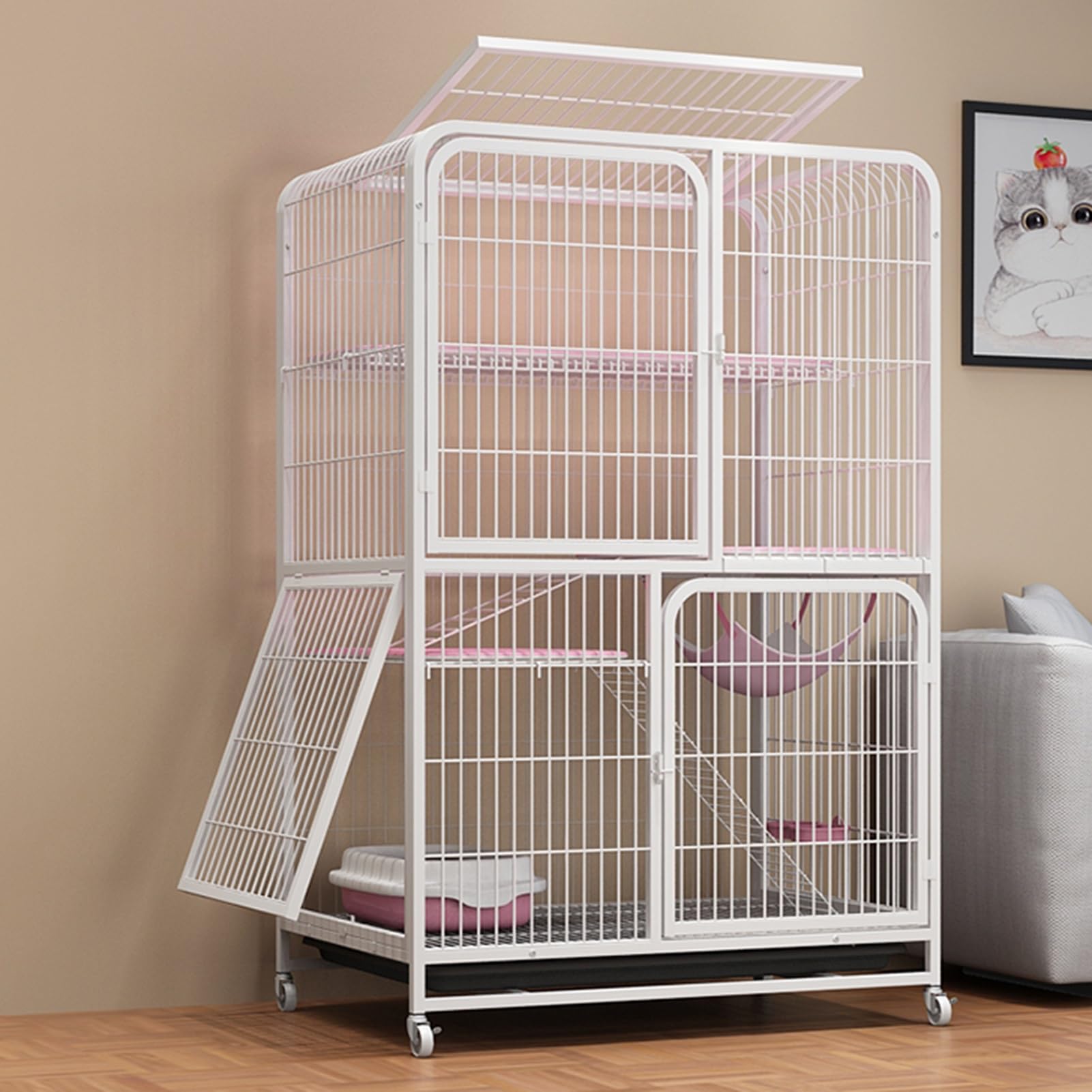Catio cage à chat extérieure blanche à 4 niveaux sur roues 85x62x147cm