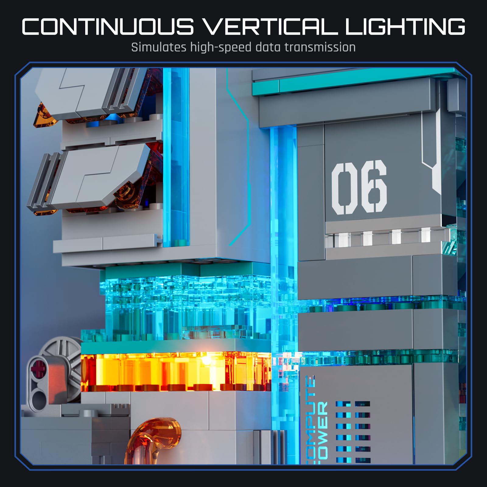 Lumibricks Neon Tech Station Beleuchtetes Klemmbaustein-Set, 1282 Teile Cyberpunk Hochhaus mit LED-Licht, Modulare Datenstation mit Herausnehmbaren Modulen & Stromverbundsystem