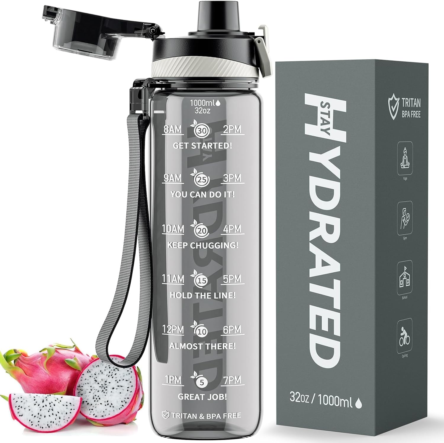 Gourde 1L Motivante - Anti-fuite, Graduée - Parfaite Pour Sport, Bureau, école - Avec Cordon