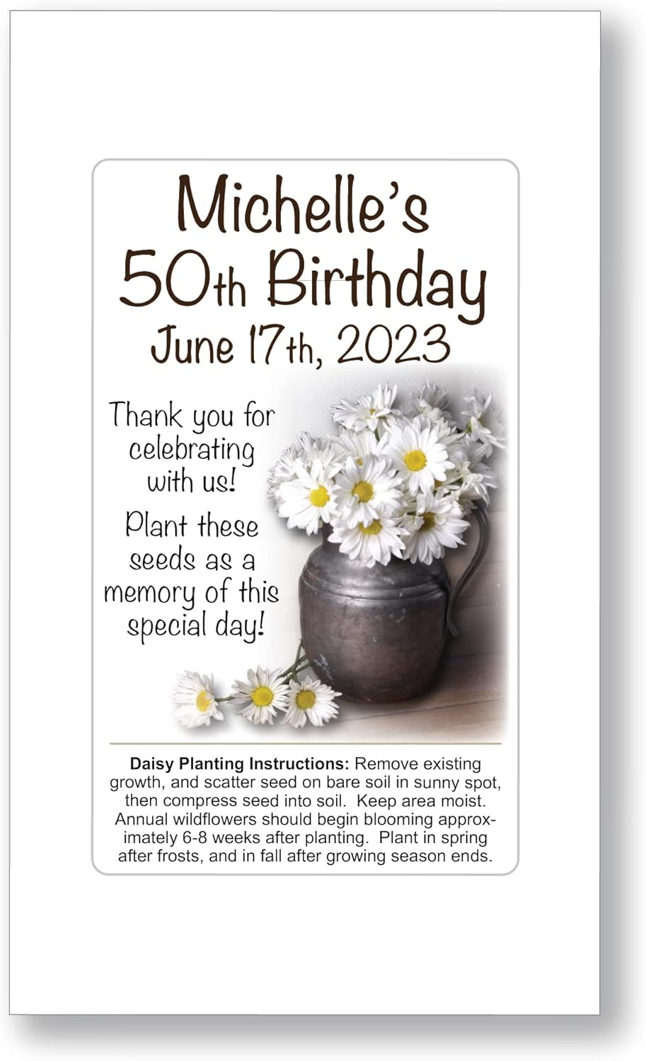 50 Personalized Daisy Birthday Seed Packets Party Favors - Gift Supplies Rustic Country