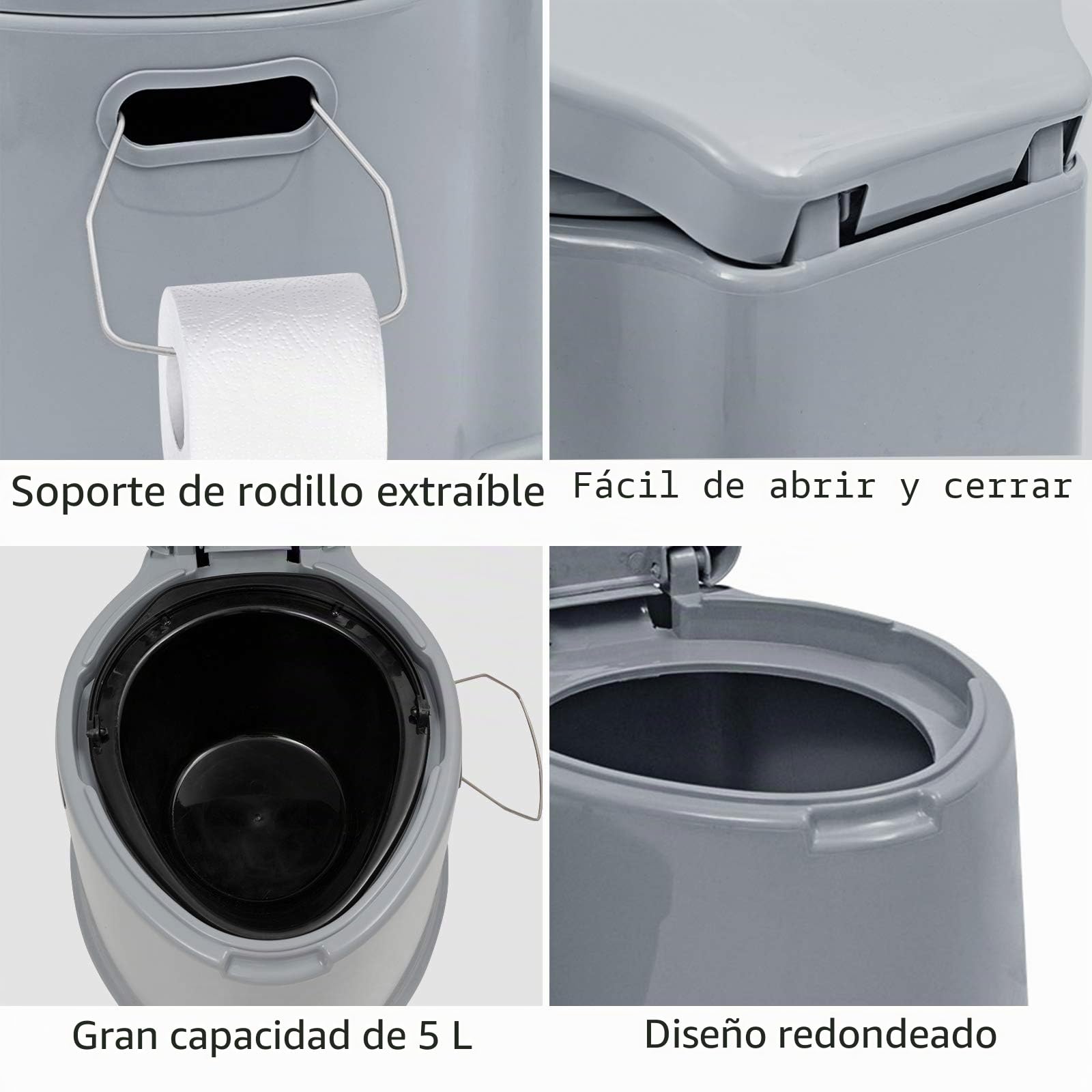 RELAX4LIFE Inodoro Portátil para Camping 5L con Cubo Interior Extraíble y Portarrollos de Papel Higiénico, Inodoro de Viaje de PP con Asiento y Tapa, Carga 200kg, Ligero para Camping y Viajes, Gris