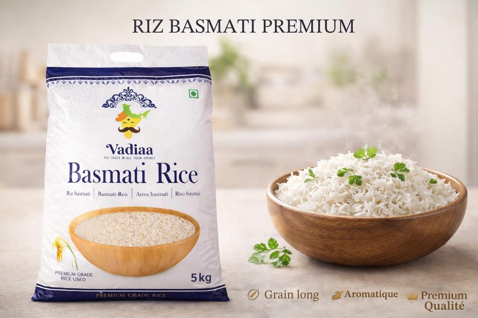 Vadiaa Riz Basmati 1121 Premium 5 kg – Grains Extra Longs | Texture légère, grains séparés, parfum délicat, sélection du Pendjab, usage familial et restauration