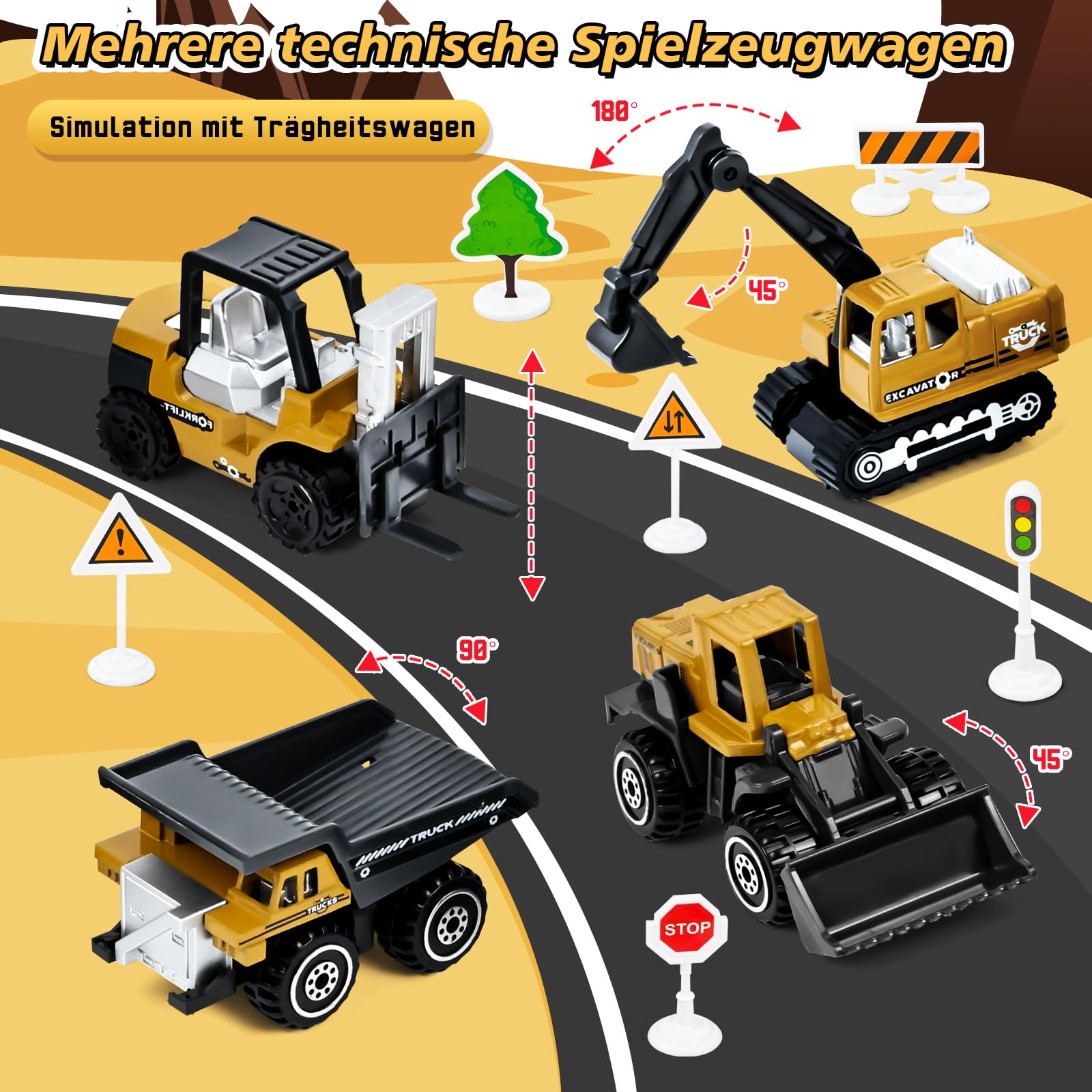 PATEMZON Baufahrzeuge Kinder groß LKW, Doppelter Auswurfschiene, Kran Spielzeug Bulldozer Dampfwalze Gabelstapler Konstruktionsfahrzeuge, Baustellenfahrzeuge Spielzeug für 3 4 5 6 7 Jahre Geschenke