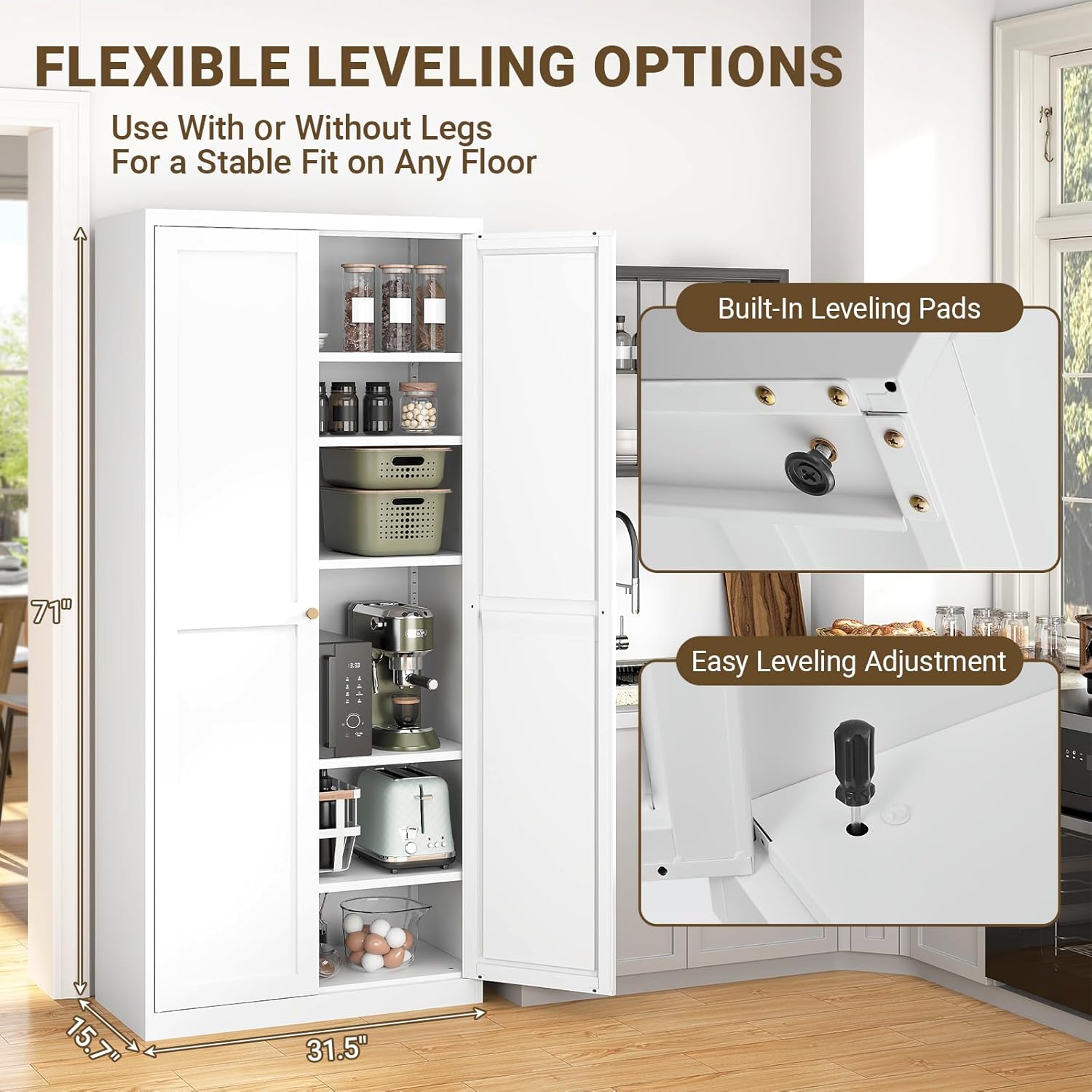 75" Tall Metal Kitchen Pantry Cabinet, Freestanding Steel Storage Cabinet with Doors, 5 Adjustable Shelves, for Dining Room, White