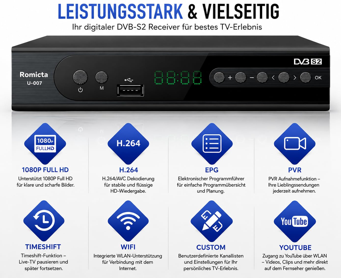 Romicta HD Satelliten Receiver DVB-S/S2 PVR EPG SCART USB Mediaplayer HDTV YouTube Schwarz