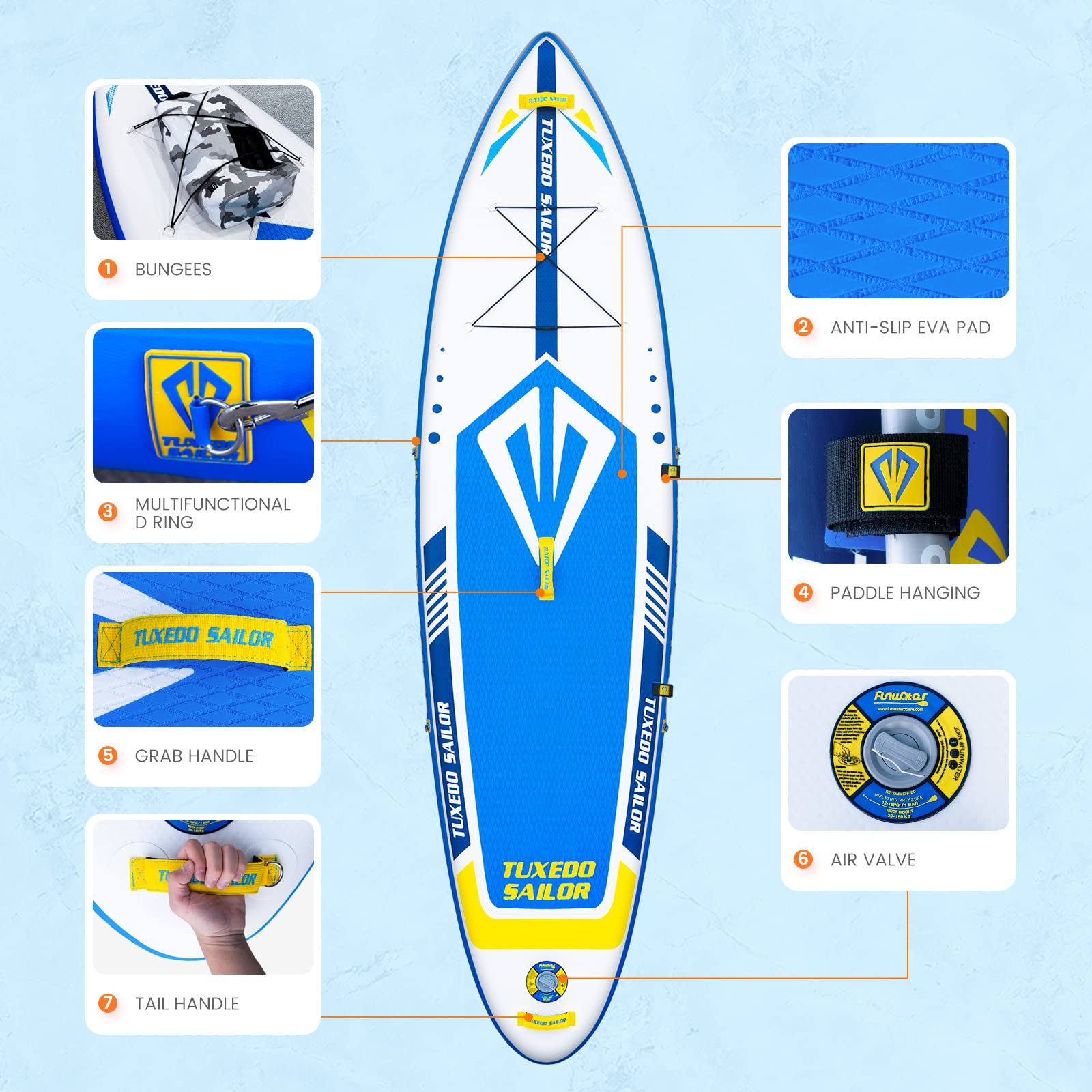 Tuxedo Sailor Stand Up Paddle Surfboard Sup Hinchable Accesorios para Tabla Hinchable Completa Paddle Ajustable, Bomba, Mochila de Viaje ISUP, Peso, Dry Bag
