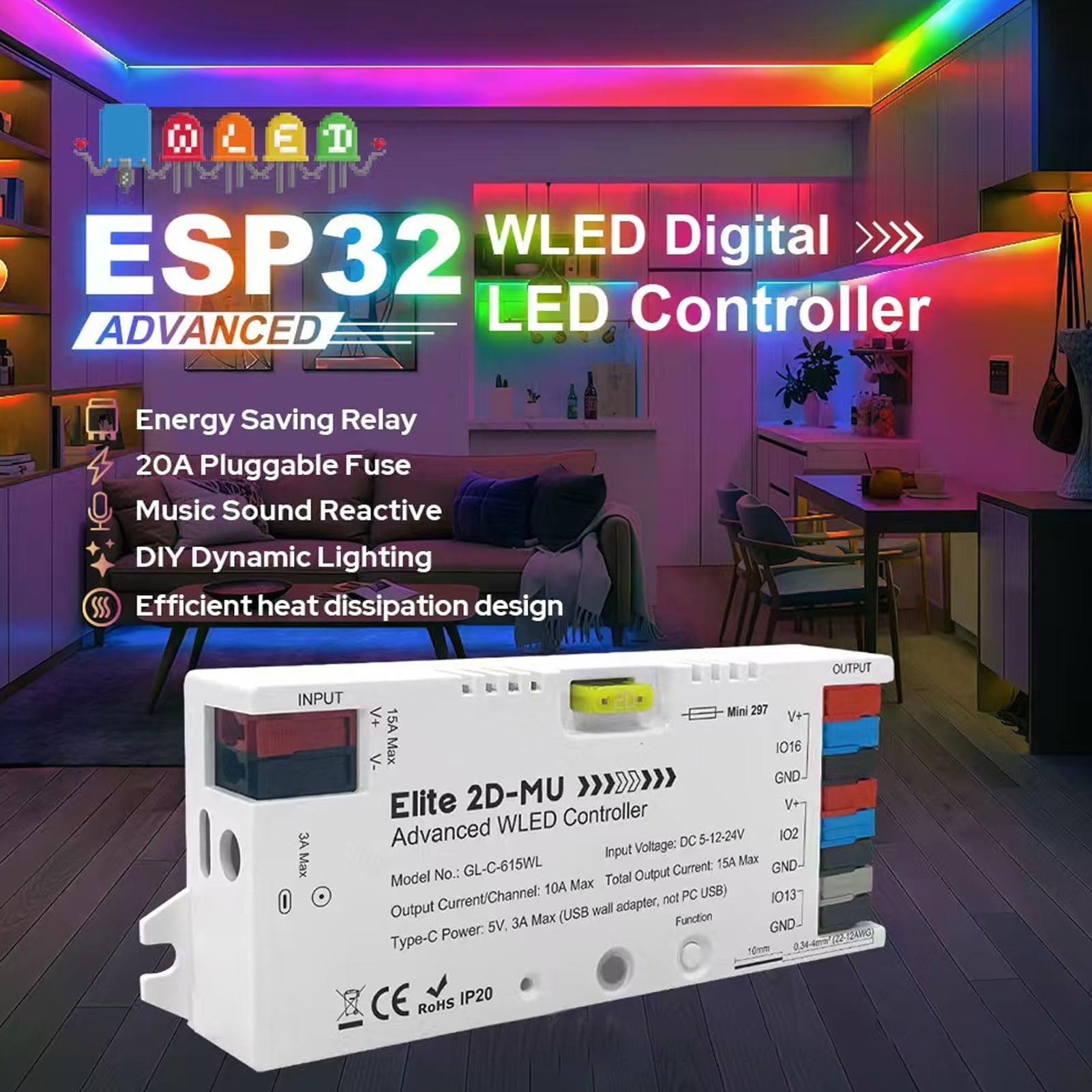 Bewinner LED-Streifenlicht-Controller mit über 100 Dynamischen Effekten, Adressierbarer RGB-IC-LED-Controller mit Musiksynchronisation, 20 A 5 A, Kompatibel mit WS2812 SK6812 WS2815