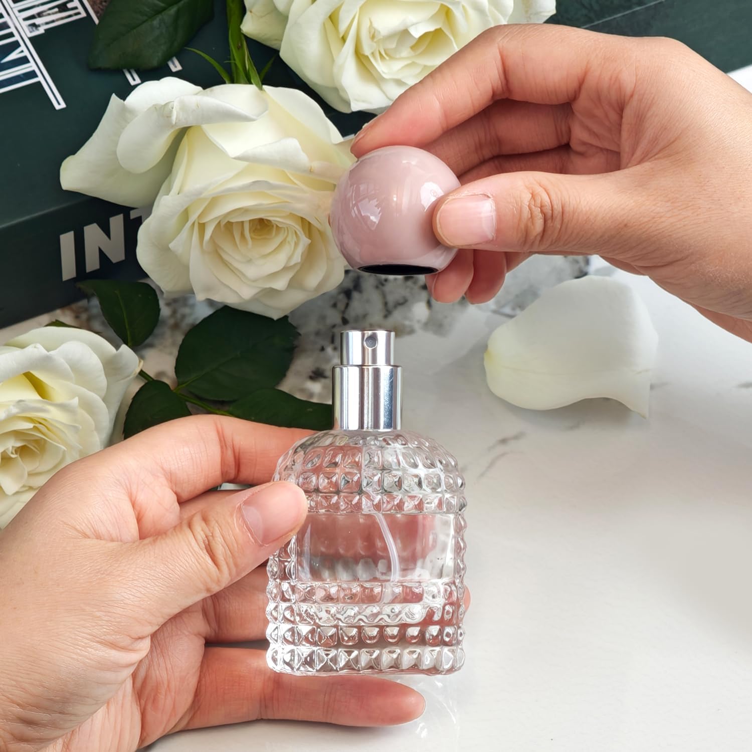 2Pack 30ml/1Oz Glass Spray Bottles Perfume Atomizer,Vintage Glass Perfume Travel Refillable Spray Bottle Empty with 3 Kinds of Dispenser (Pink) image 4