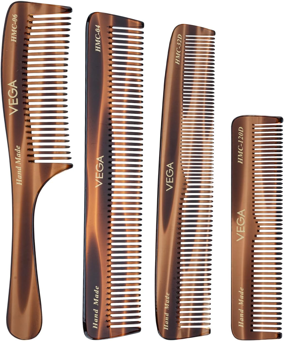 VEGA Set of 4 Handcrafted Hair Combs – Cellulose Acetate Comb Set, Detangling, Daily Grooming, All-Purpose & Comb Set for Men & Women, (India's No.1* Hair Comb Brand, HMCS-04)