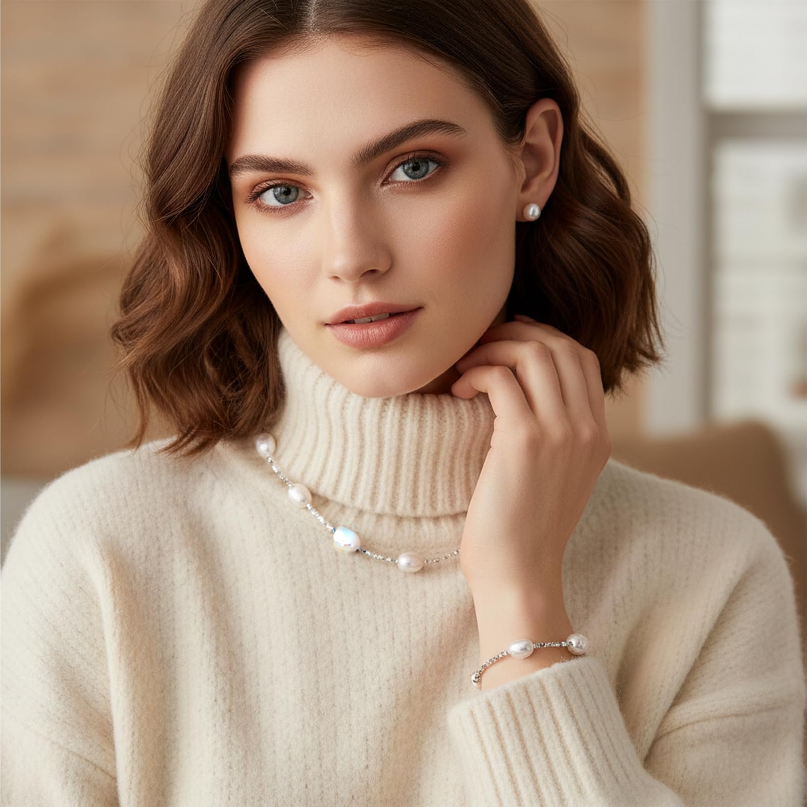 YAMI Barockperlenkette Set mit Bruchsilber Elementen (Halskette+Armband +Ohrringe), 8-9mm Salzwasserperlenkette, Perlenohrringe Silber 925, Perlenschmuck Set Damenschmuck für Jeden Anlass