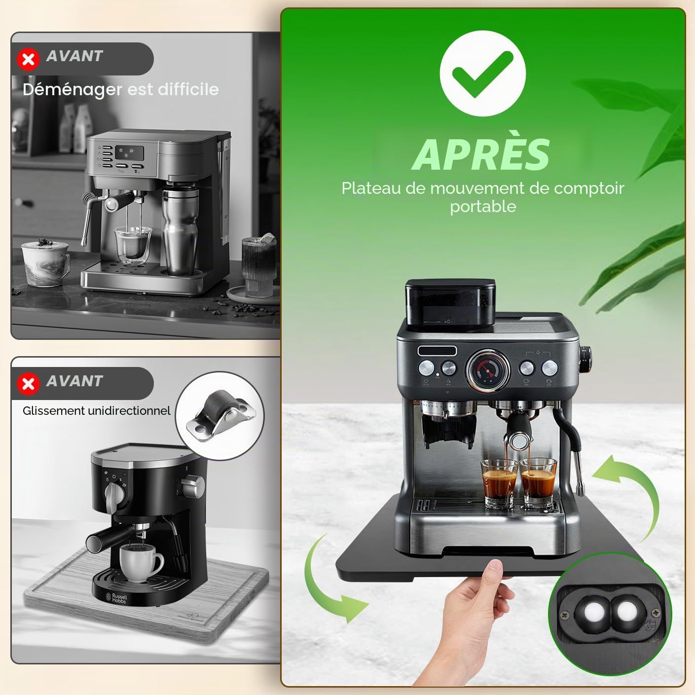 Plateau coulissant à 360° pour machine à café, plateau coulissant en bambou pour plan de travail, tapis coulissant pour appareils de cuisine pour machines à expresso noir, 33 x 40 cm