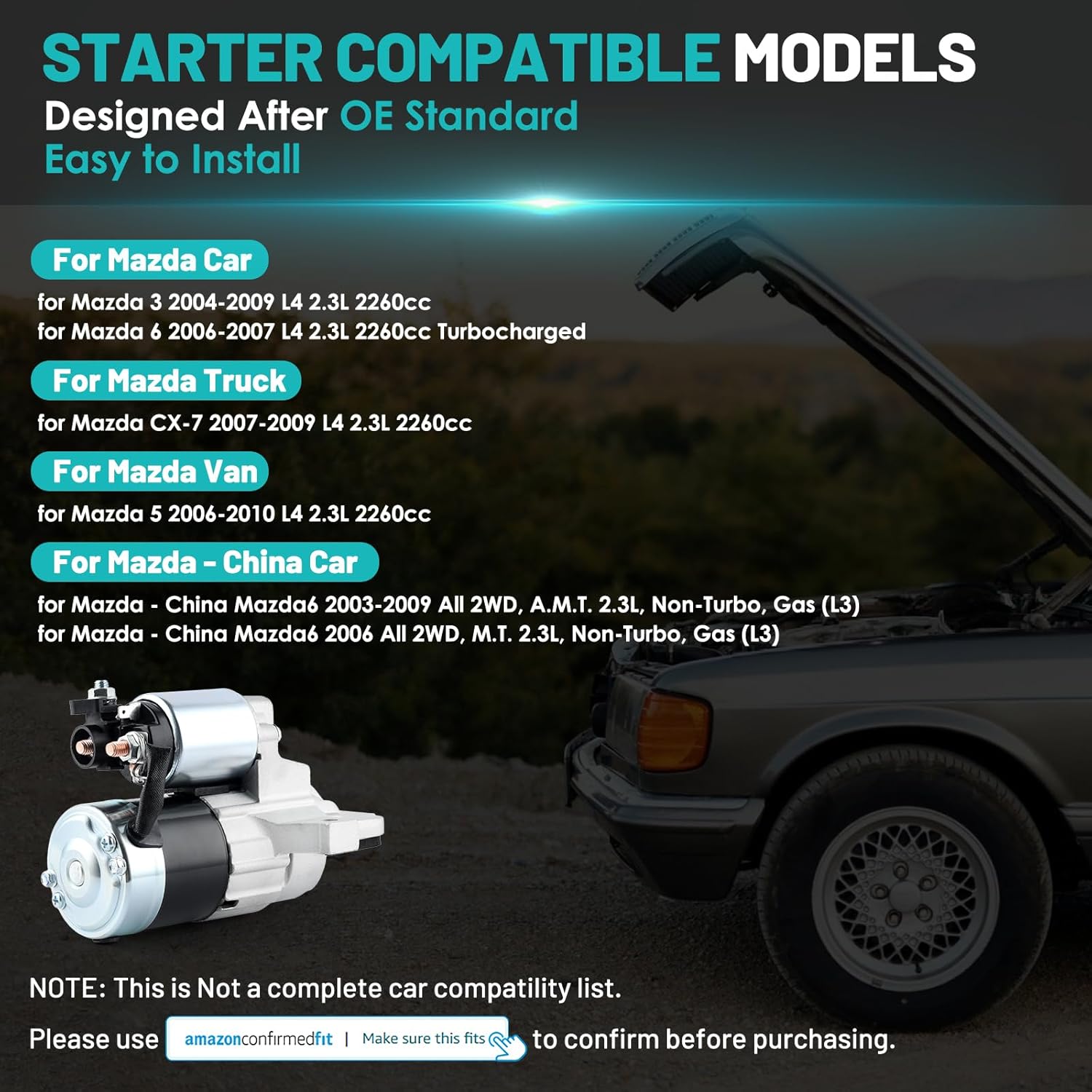 17914 Starter Motor Fit for Mazda 3 2004-2009, 5 2006-2010, 6 2006-2007, for Mazda CX-7 2007-2009 L4 2.3L Automotive Replacement Starters#L327-18-400, M0T87681, L32718400 Engine Starter
