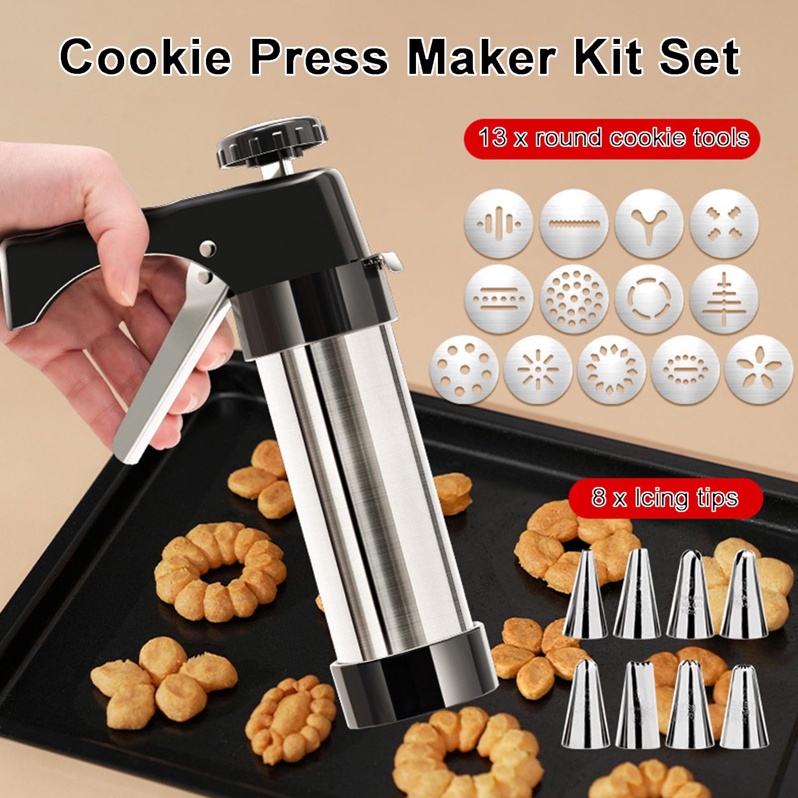 Pistolet à biscuits en acier inoxydable avec 8 douilles et 13 disques à biscuits – Outil essentiel de décoration de gâteau pour anniversaires, mariages, anniversaires et fêtes