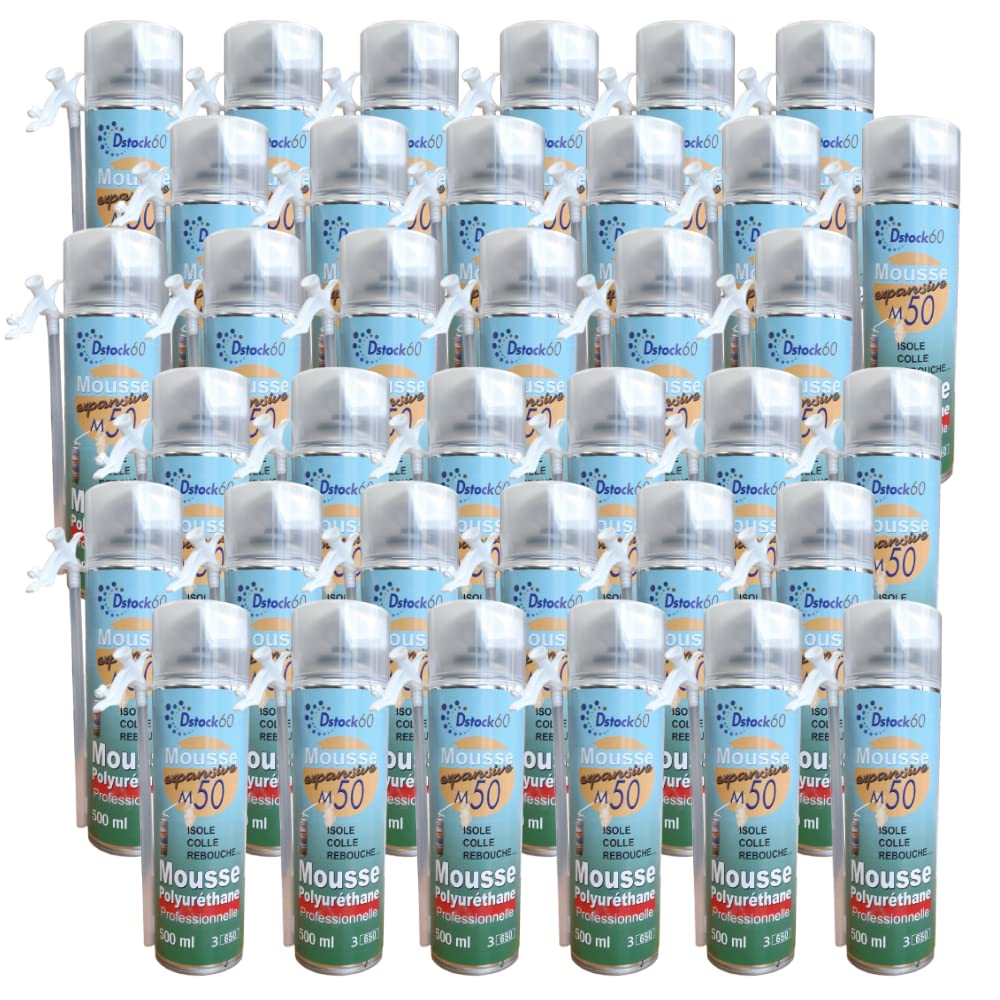 DSTOCK60 - LOT DE 36 MOUSSES EXPANSIVES MANUELLES 500 ML - MOUSSE POLYURETHANE PROFESSIONNELLE - ISOLE, COLLE, REBOUCHE - EXTERIEUR ET INTERIEUR