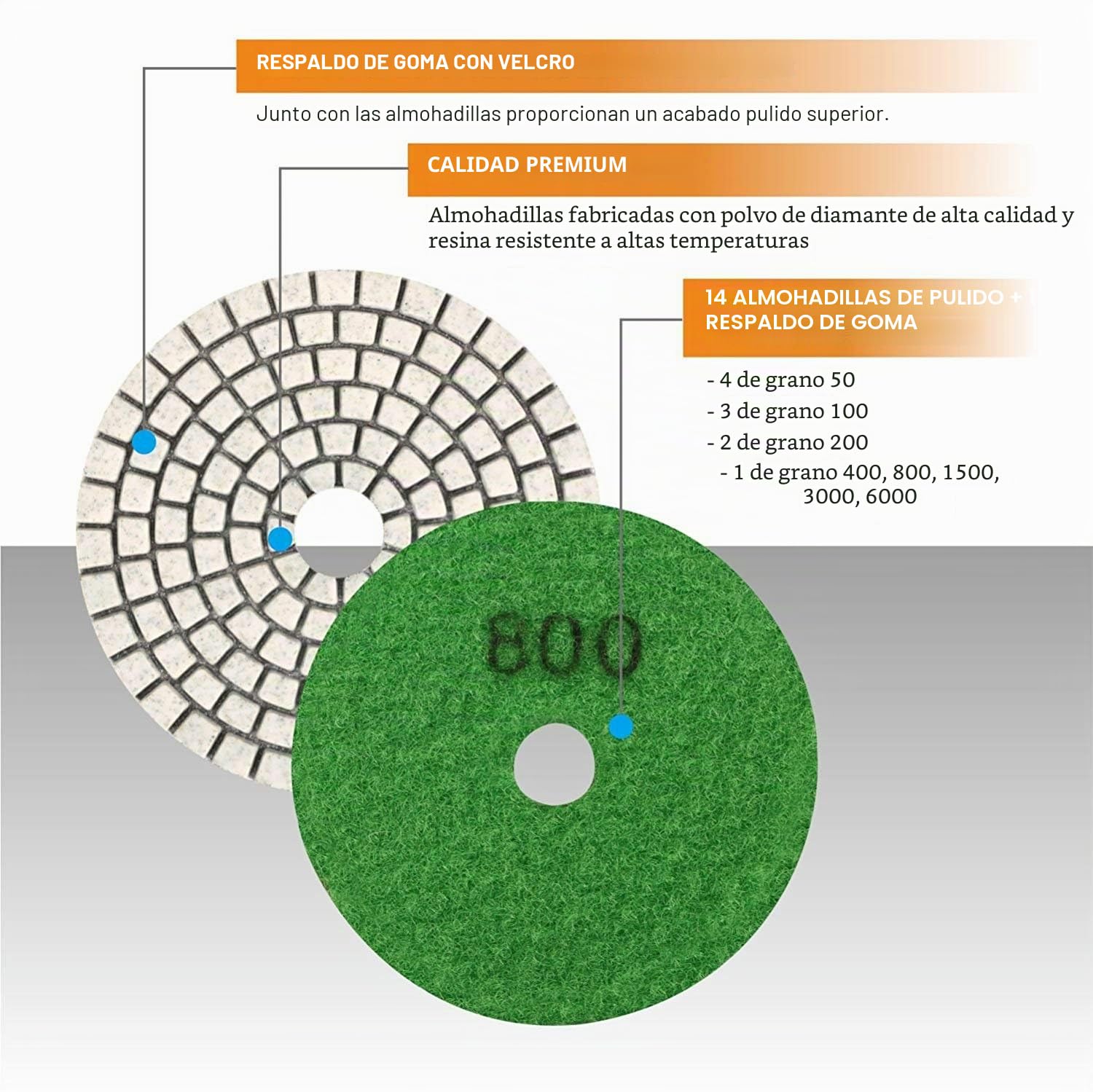 Disco de Diamante para Pulir, 100 mm Húmedo de Pulidoras de Diamante Accesorios 50#,100#,200#,400#,800#,1500#,3000#,6000# para pulidor de piedra mojada pulidora -OA1597SET15
