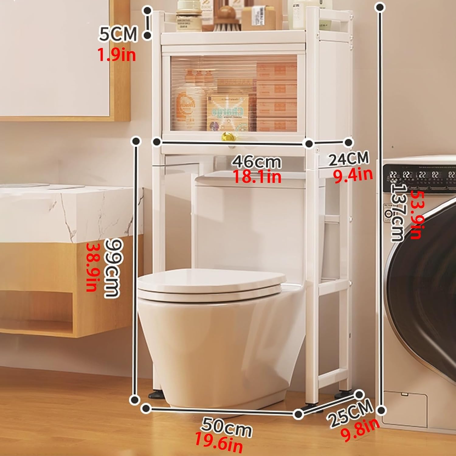 Over The Toilet Storage Cabinet, Free Standing Toilet Rack with Acrylic Door and Adjustable Feet Pad, Bathroom Organizer Shelf, Space Saver, for Bathroom Restroom(137cm/53.9in)