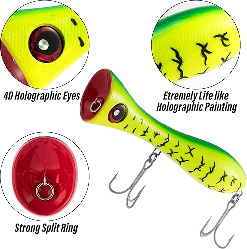 Miniatura 4 de Dr.Fish Topwater Popper Señuelos de pesca de agua salada, 8 pulgadas GT Popper VMC anzuelos agudos señuelos de pesca de surf para Striper Atún