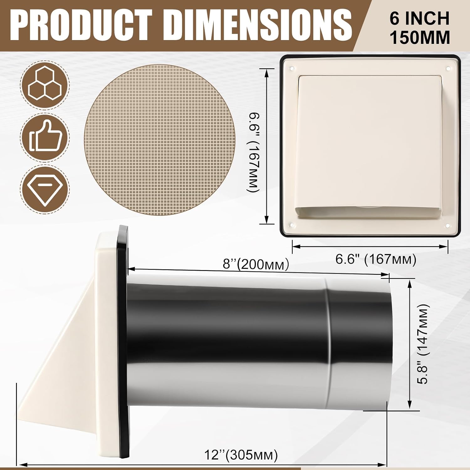  6" Dryer Vent Cover Outside with Stainless Steel Guard, Tan thumbnail