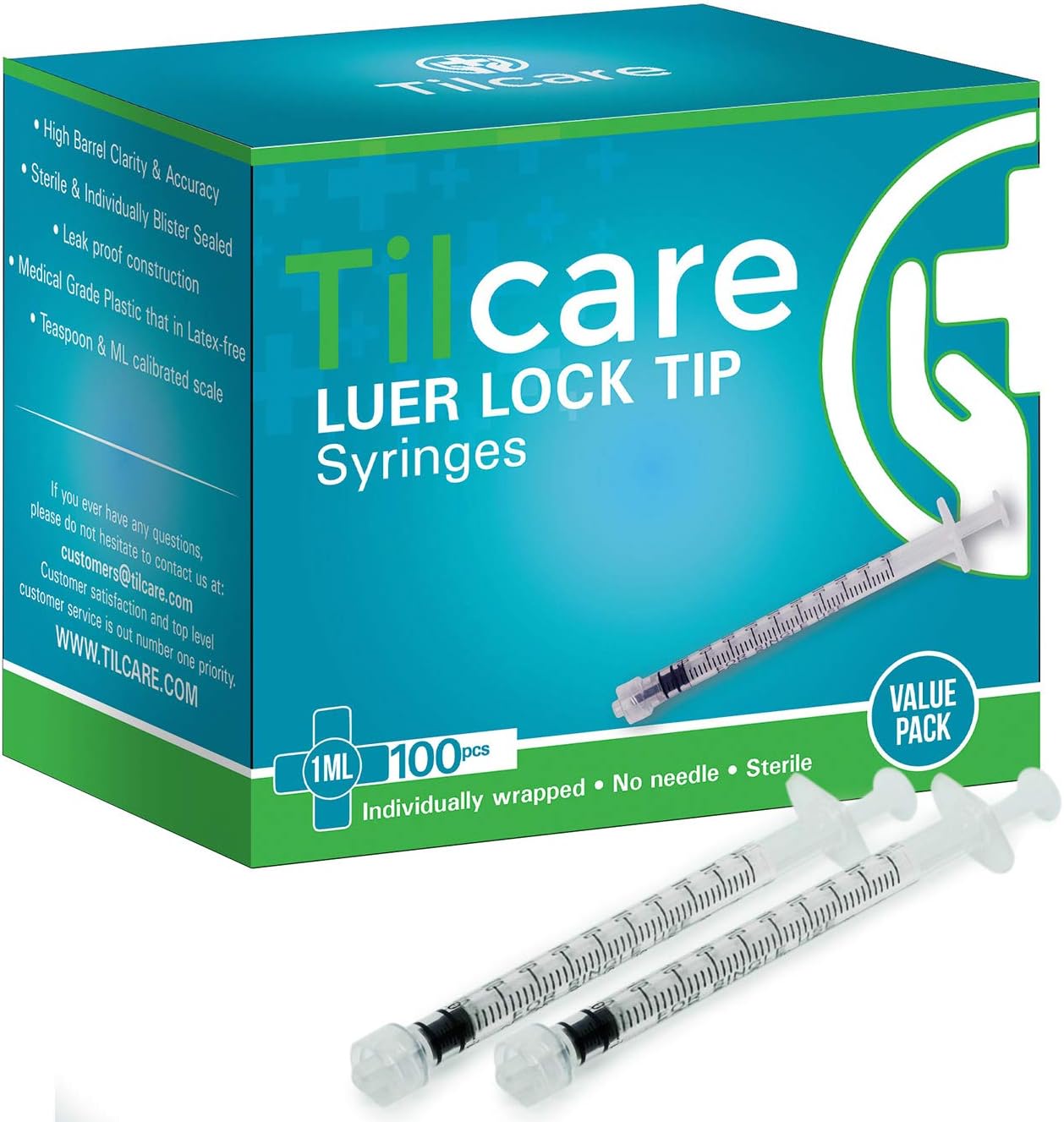Tilcare 1ml Syringe Without Needle Luer Lock 100 Pack - Sterile Plastic Medicine Droppers for Children, Pets or Adults โ Latex-Free Oral Medication Dispenser - Syringes for Glue and Epoxy