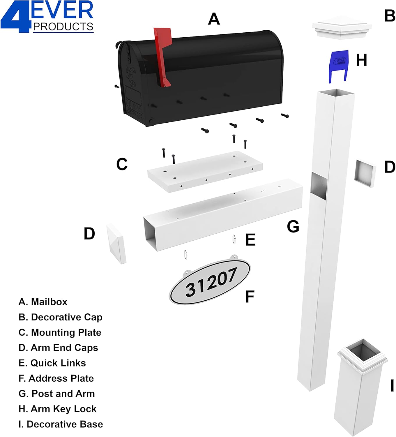 4Ever Products The Saybrook Vinyl Mailbox Post System - Includes Black Steel Mailbox and Custom Street Address
