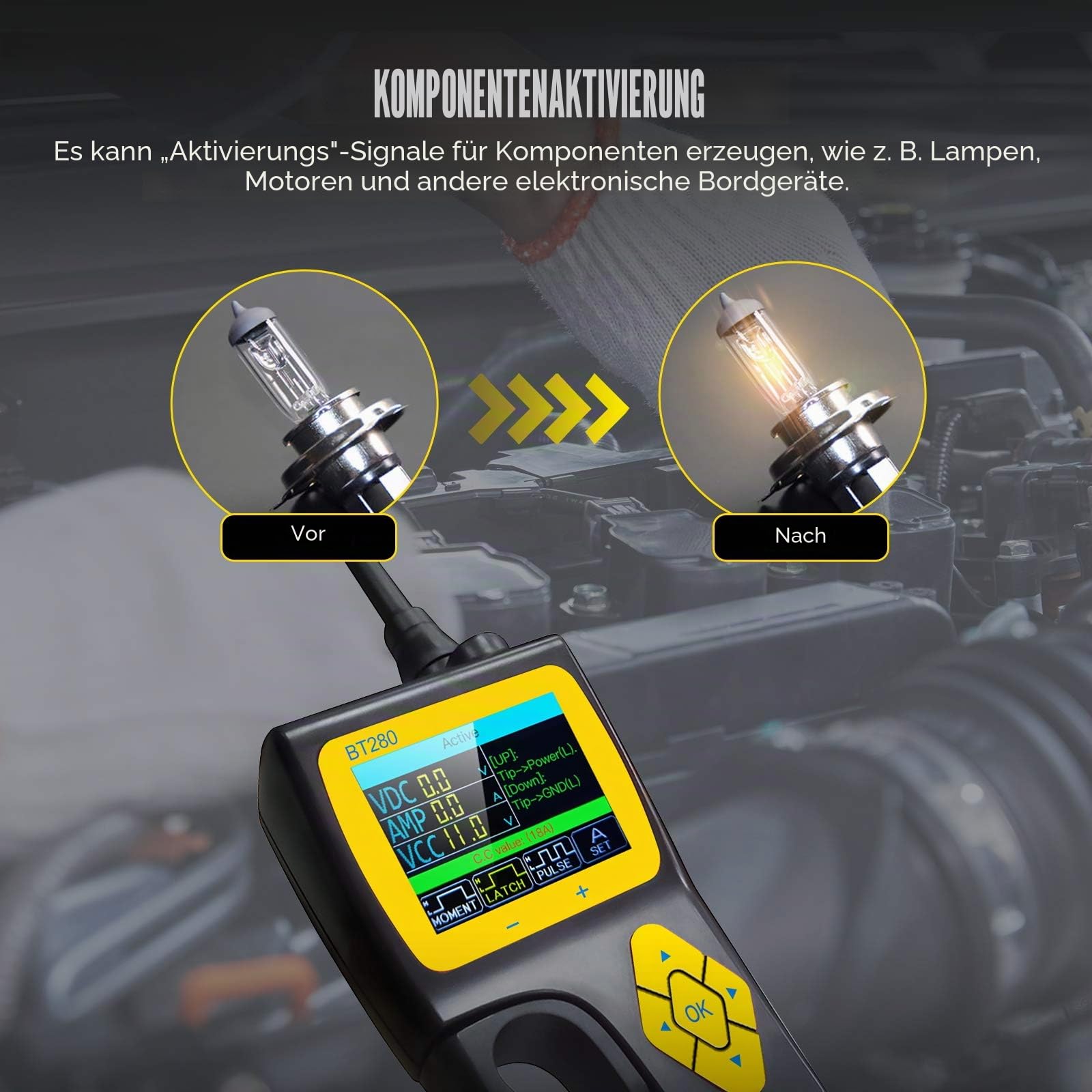 AUTOOL BT280 Schaltkreis Tester für elektrische Systeme, Werkzeuge für elektronische Systeme in Kraftfahrzeugen, Diagnosewerkzeug für elektrische Systeme mit 9 V bis 30 V und 2,4-Zoll-LCD-Display