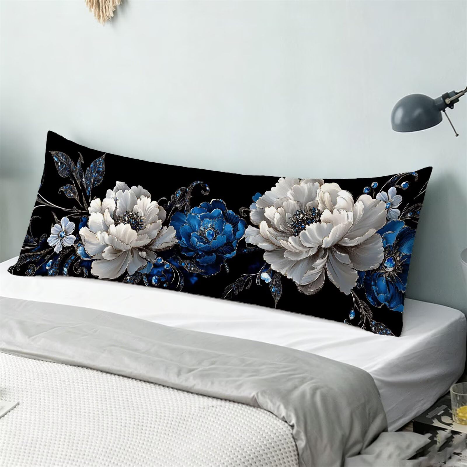 Funda de Almohada 60 x 180 cm Negro Protector Almohada 180 cm con Cremallera Invisible, Lino Durable y Transpirable Pillow Case Largas Flor Impresión a Doble Cara para Cama, Sofá y Dormitorio dg-164