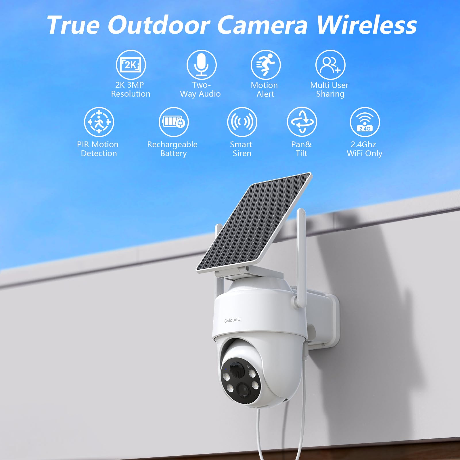 GALAYOU 2K Telecamera Wi-Fi Esterno con Pannello Solare-Videocamra Sorveglianza Esterno Wifi Batteria Wireless con Visione Notturna a Colori, Sensore PIR, Compatibile con Alexa R1 (2)