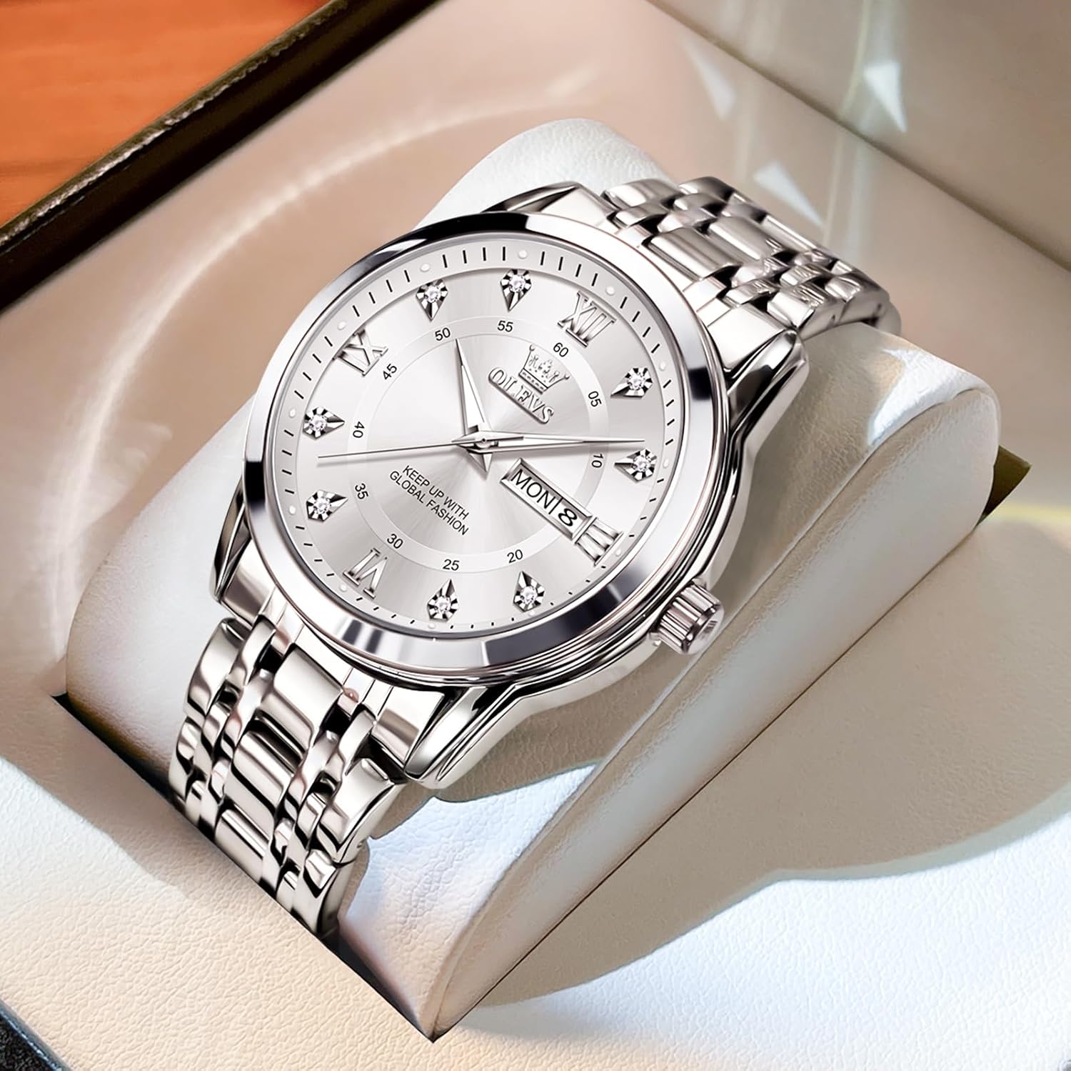 OLEVS Men's Stainless Steel Watch, Large Face Roman Numerals Diamond Accented Three-Hand Analog Quartz Watches for Men, Easy to Read Day Date Waterproof Luminous Mens Wristwatch - Image 8